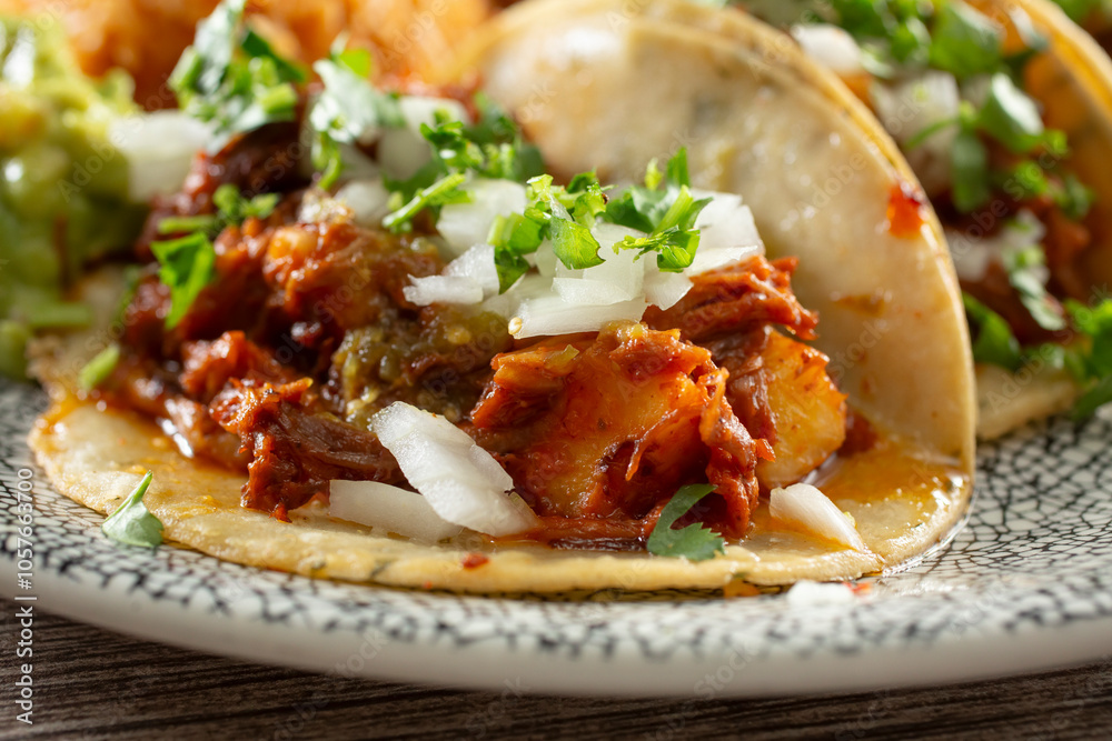 A closeup view of an al pastor taco. A closeup view of an al pastor taco.