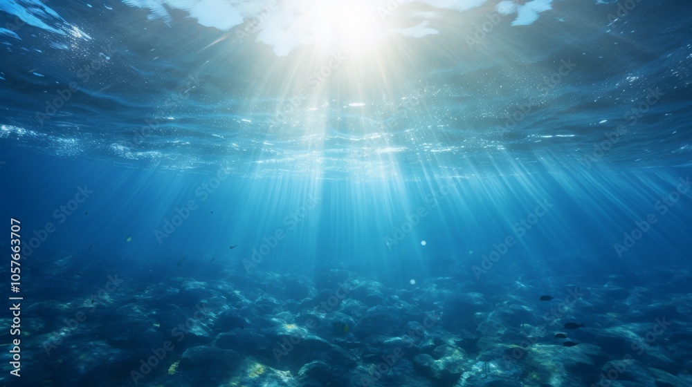 Fototapeta premium Blue ocean surface seen from underwater, sunlight filtering through
