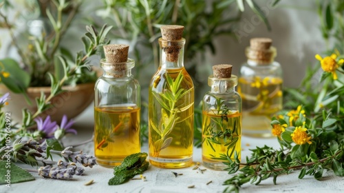 Bottles of essential aroma oil with fresh herbs and flowers