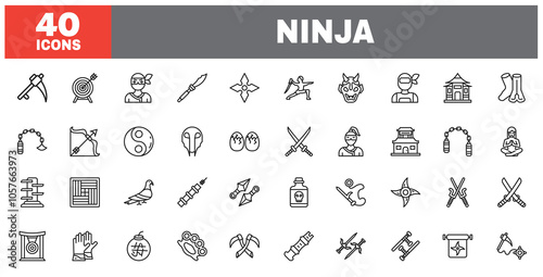Set of 40 line icons ninja. Outline icon collection. Editable stroke. Vector illustration.