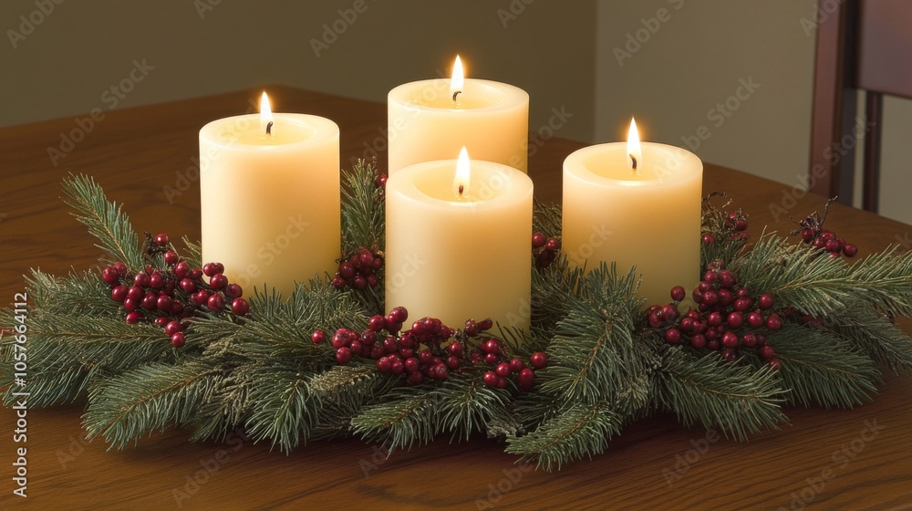 Warm Holiday Centerpiece with Candles and Greenery Warm Holiday Centerpiece with Candles and Greenery