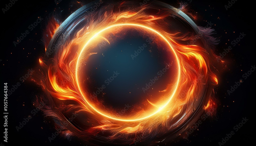 A vibrant fire eclipse forming a circular frame, ideal for energetic and intense backgrounds in digital design. A vibrant fire eclipse forming a circular frame, ideal for energetic and intense backgrounds in digital design.