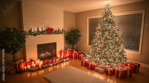 A cozy, festive living room decorated for Christmas with a beautifully lit tree. photo