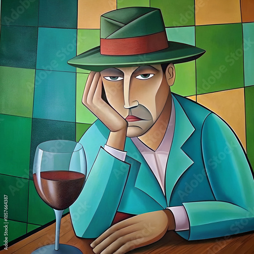 Pensive man with a somber expression resting his chin on his hand next to a glass of red wine