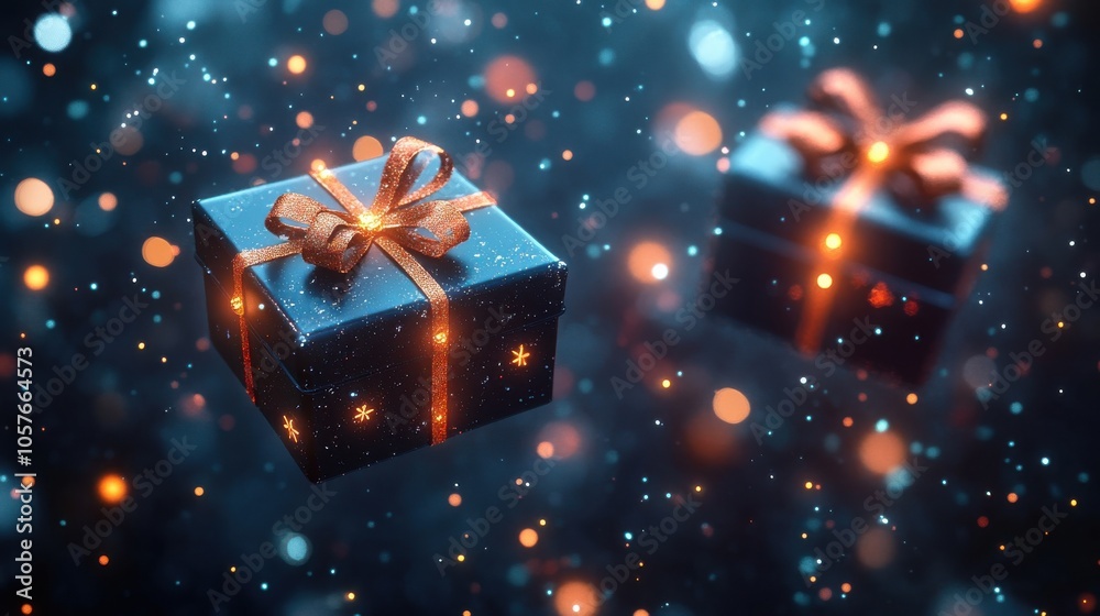 Festive gift boxes with glowing ribbon on a sparkling background