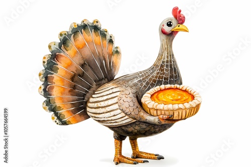 Cheerful Turkey with Pumpkin Pie Isolated on White Background