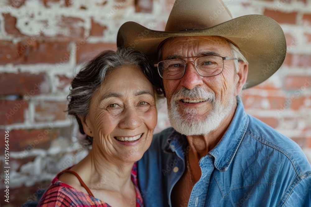 Portrait of a grinning mixed race couple in their 70s wearing a rugged cowboy hat over vintage brick wall