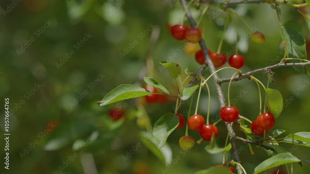 Shallow focus of fresh red Cherry Fruit Plant with green leaves and blurry background Shallow focus of fresh red Cherry Fruit Plant with green leaves and blurry background