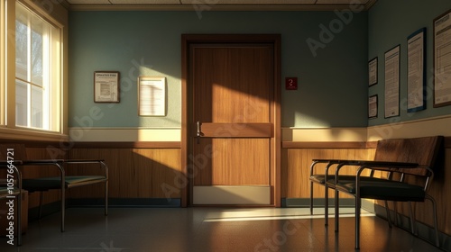 An office, door open, POV from inside the office looking into the waiting room