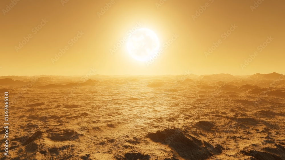Spectacular artist's impression, sun over alien planet surface a breathtaking view of surreal landscape