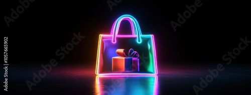 Vibrant neon shopping bag with a glowing gift inside