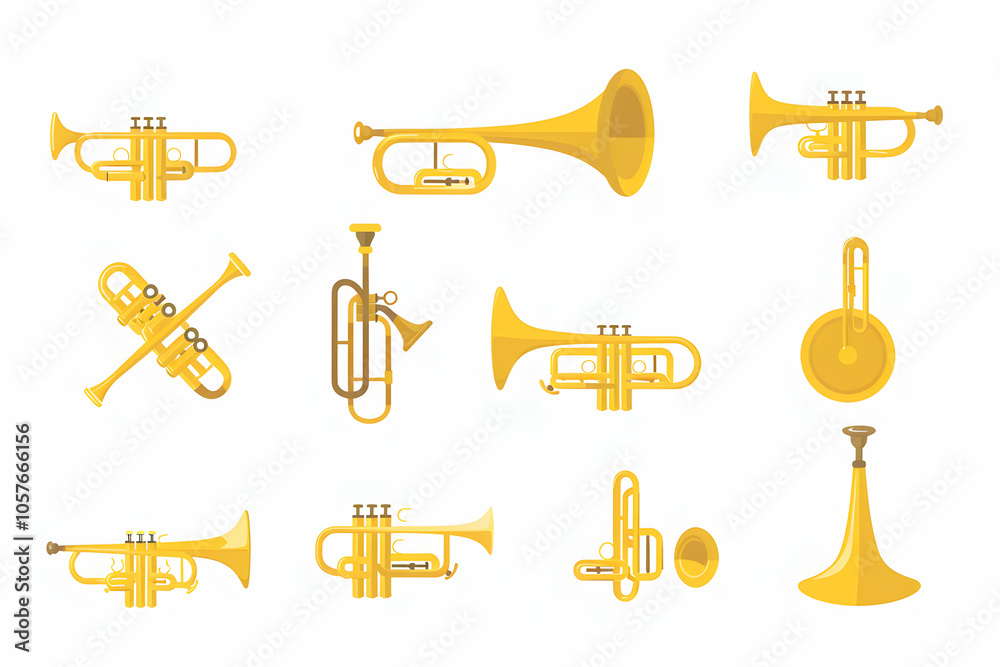 A set of 10 cartoon illustrations of trumpets. A set of 10 cartoon illustrations of trumpets.