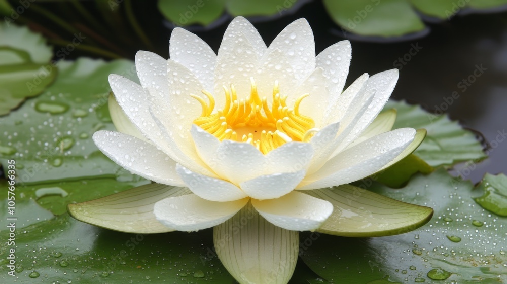 Elegant Water Lily with Raindrops on Green Leaves Elegant Water Lily with Raindrops on Green Leaves