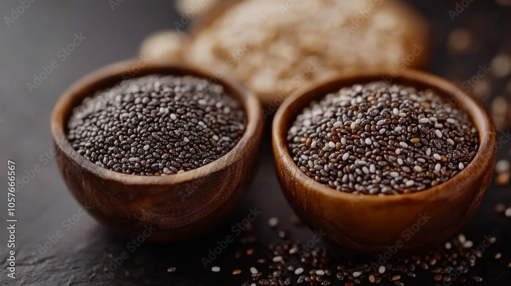 Chia Seeds in Wooden Bowls on Dark Surface Chia Seeds in Wooden Bowls on Dark Surface