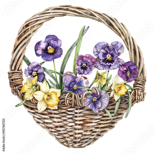 Watercolor drawing of a basket of violets and daffodil flowers, isolated on a white background.