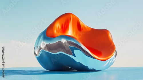 surrealistic scene dominated by a bright orange 3d object with organic forms, featuring an expanded silver chrome abstract shape ruling the sky blue gradient background. mysterious light blue objects