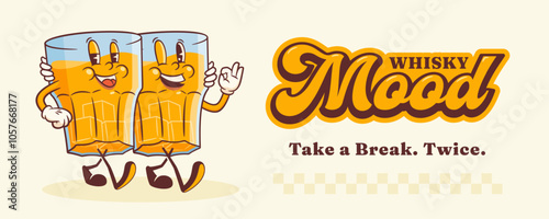 Cartoon Groovy Whisky Mascot Retro Illustration Banner. Vintage Alcohol Drink Whiskey Glass Buddies with Ice Cubes. Vector Mascot Template. Happy Vintage Cool Beverage Personage Illustration Isolated