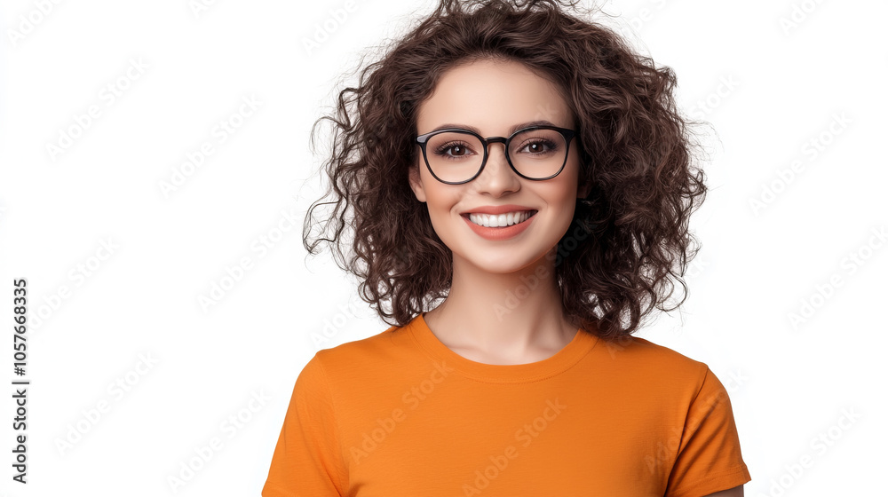 Portrait of a beautiful, cheerful woman with curly hair and glasses, Portrait of a beautiful, cheerful woman with curly hair and glasses,