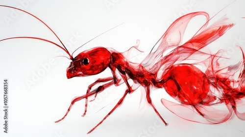 ant, featuring a blend of realistic and abstract elements. The ant is depicted mid-flight,