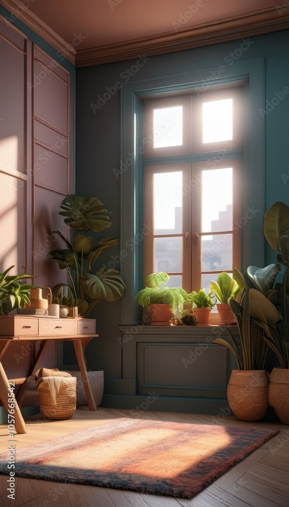 Sunlit boho interior with greenery in a cozy living space Sunlit boho interior with greenery in a cozy living space