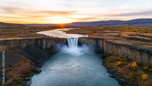 A breathtaking waterfall cascading into a river at sunset.