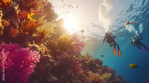 Fototapeta Naklejka Na Ścianę i Meble -  Two people are swimming in the ocean near a coral reef