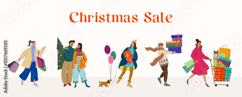 Set of happy young people in a supermarket queue carrying Christmas gift boxes and shopping and bags. Men and Women queuing with New Year presents for winter holidays. Vector illustrations. Isolated
