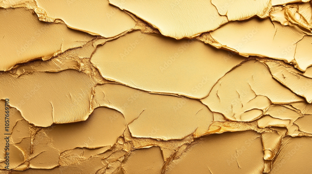 Abstract golden texture with rough cracked patterns resembling dried paint or clay, featuring layered and uneven surfaces with highlights and shadows creating a three-dimensional effect.