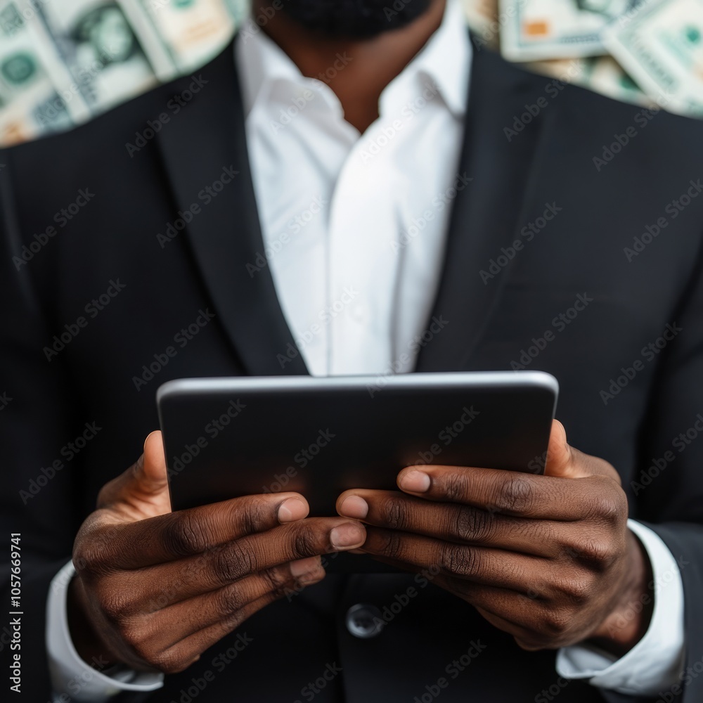 A businessman holding a tablet with money in the background. A businessman holding a tablet with money in the background.