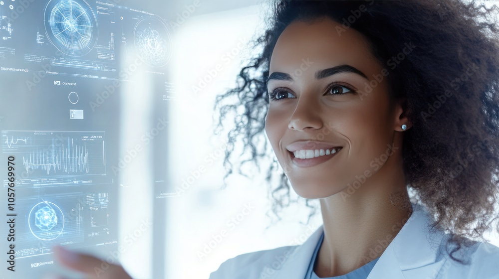 Obraz premium nurse interacts with a patient using advanced quantum technology, such as a holographic stethoscope and digital diagnostics.