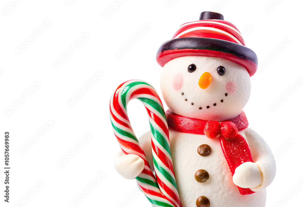 Fototapeta premium A snowman holding a candy cane isolated with transparent background