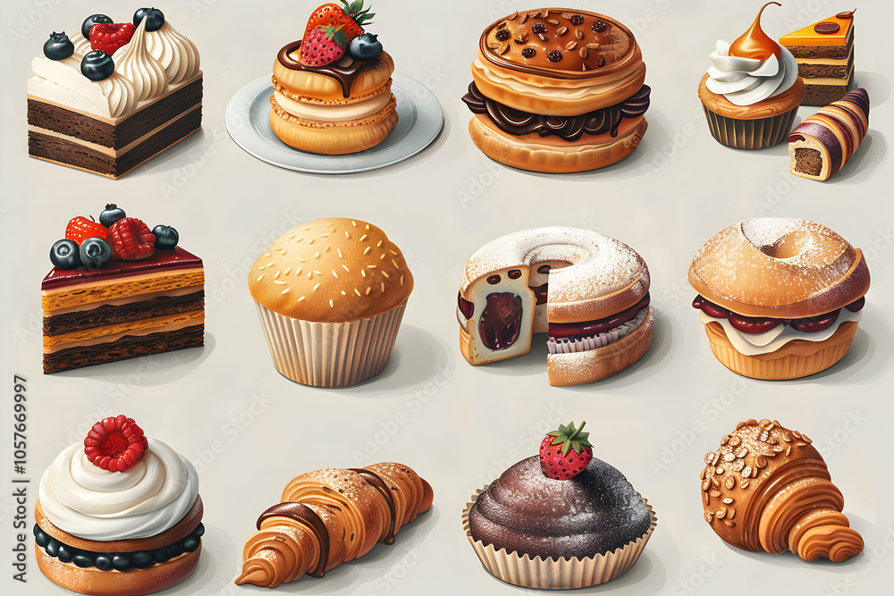 A collection of 12 delicious pastry icons, including cakes, muffins, croissants, and donuts, with various toppings and fillings.