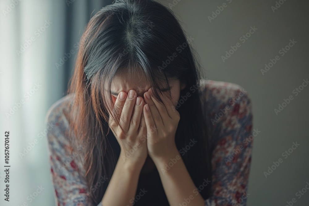 Family problems, Asian women cover her face and sit separately from husband feel disappointed after quarrels at home, Generative AI