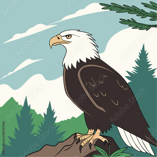 A majestic bald eagle perched on a rock, with a serene backdrop of mountains and a blue sky, symbolizing freedom, strength, and power.