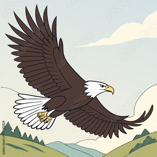 A majestic bald eagle in flight, soaring through a clear blue sky with its wings outstretched. This illustration is perfect for nature lovers, wildlife enthusiasts.