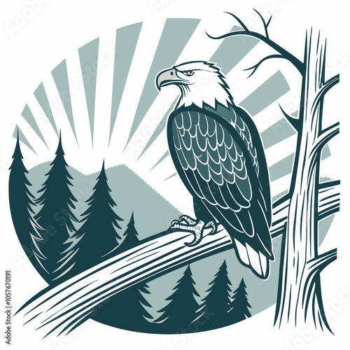 A majestic bald eagle perched on a branch overlooking a forest landscape, captured in a vintage woodcut style. Perfect for nature lovers, wildlife enthusiasts.