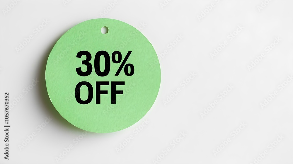 Black '30% OFF' Text on a Green Round Paper Note. White Background with Copy Space