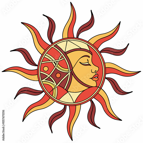 A stylized sun with a human face, showcasing a  geometric design with intricate details.  This vibrant illustration is perfect for adding a touch of celestial energy to your projects.