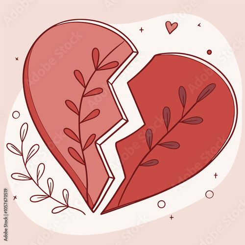 A heart-shaped illustration with a crack down the middle, symbolizing heartbreak, love, and the fragility of relationships. The delicate branches and leaves add a touch of hope and growth.