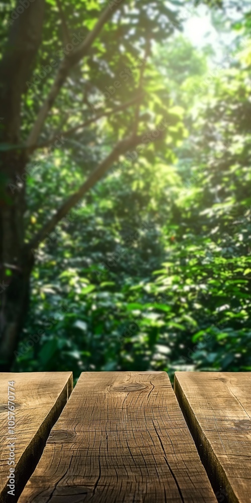 A wooden table with a view of a forest A wooden table with a view of a forest