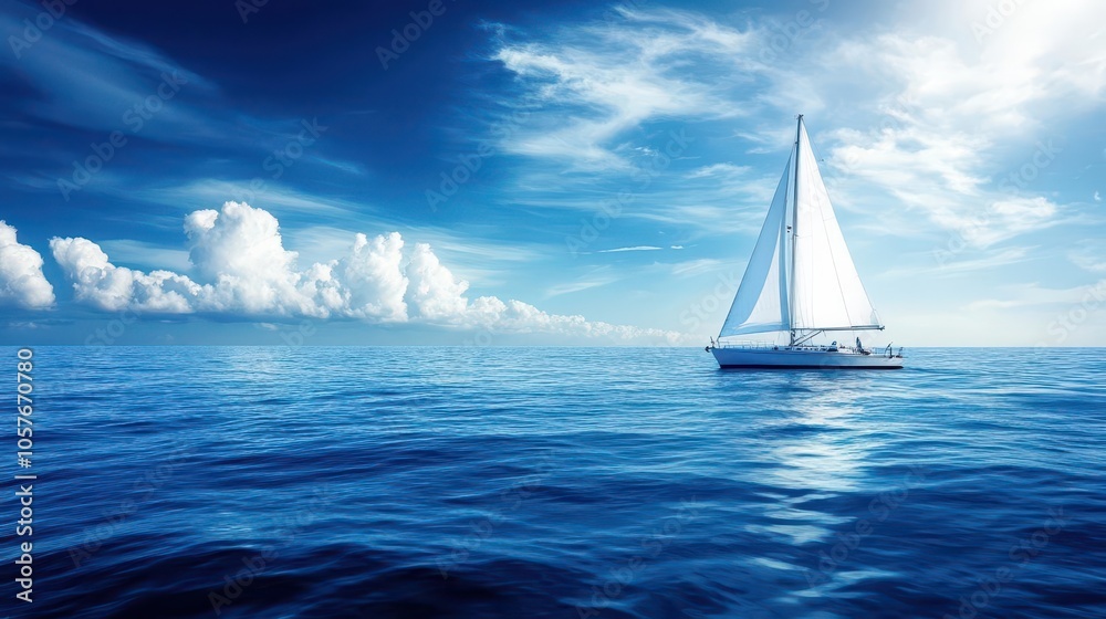 Obraz premium majestic white sailboat gliding through deep blue ocean waters, capturing the essence of freedom and adventure, panoramic view showcasing the horizon meeting the sky