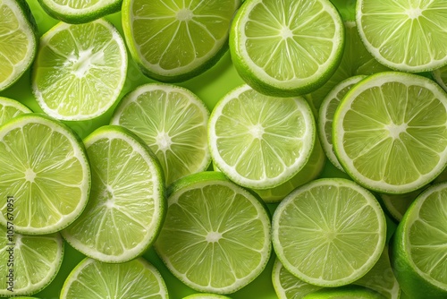 A close up of green lime slices arranged in a pattern. Concept of freshness and health, as limes are known for their high vitamin C content and are often associated with tropical climates