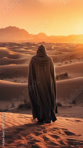 Hooded Figure in Long Cloak Standing Alone on Desert Dunes