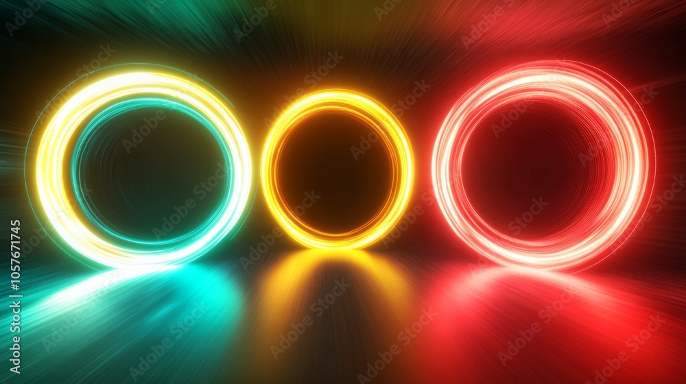 Naklejka premium Round glowing yellow, red, and green neon lights. 