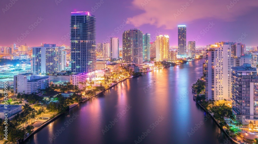 City Skyline at Night with Reflections on Water City Skyline at Night with Reflections on Water