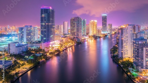 City Skyline at Night with Reflections on Water