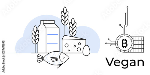 Vegan foods displayed with minimalism include fish, milk carton, cheese, egg, and wheat. A Bitcoin symbol highlights digital currency. Ideal for vegan lifestyle, digital currency, minimalism, healthy