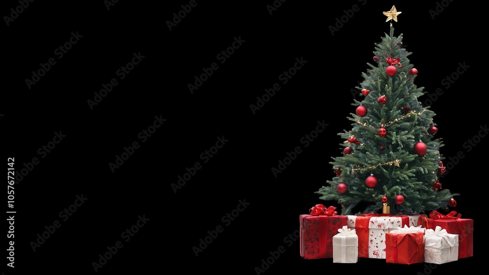 Fototapeta premium Árbol de Navidad decorado con regalos en fondo png. Recursos Navideños