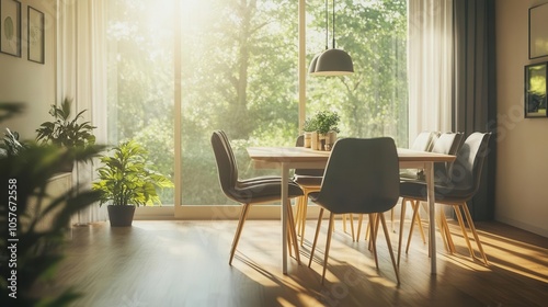 minimalist dining room featuring a sleek table, modern chairs, and ample natural light streaming through large windows, with a clear copy space ideal for website imagery