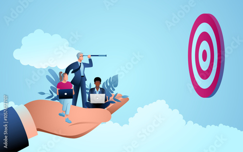 Giant hand supporting a businessman with a telescope, alongside a business team on a laptop aiming at a target icon. Concepts of strategic vision, team collaboration, and goal-setting in business